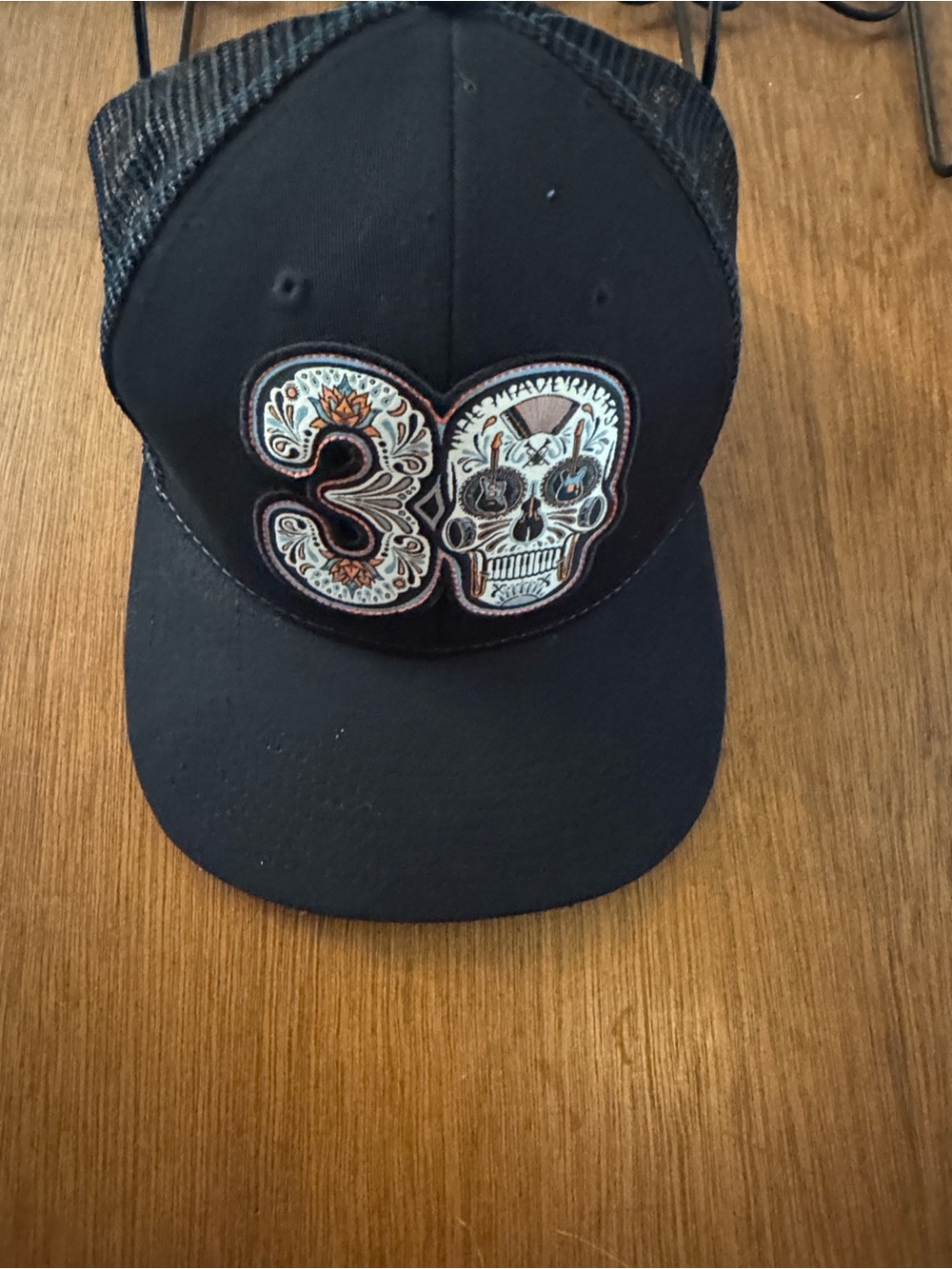 Black Trucker Hat with Embroidered '38’Skull Patch . 38 Special